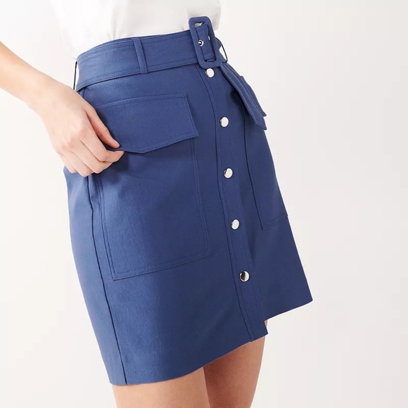 Belted Navy Skirt with Button Front & Patch Pockets | Nine West - Picture 5 of 5